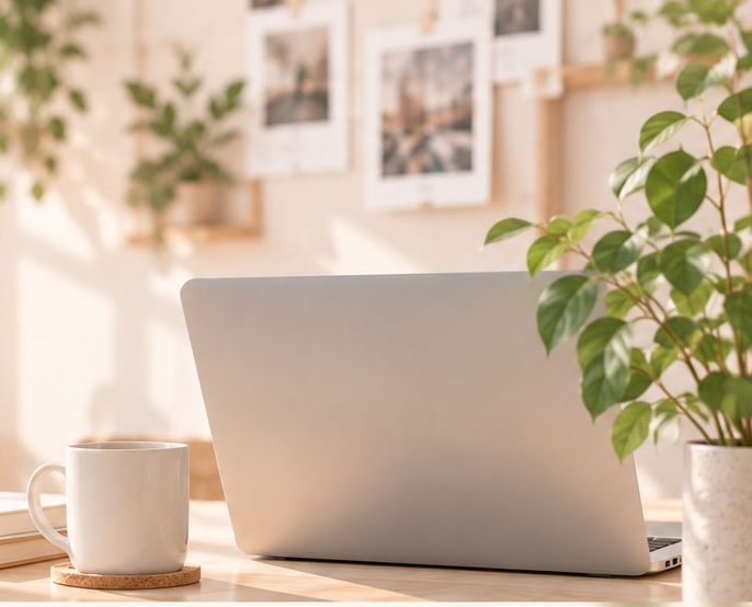 植物とコーヒーに囲まれた、温かな光が差すデスク