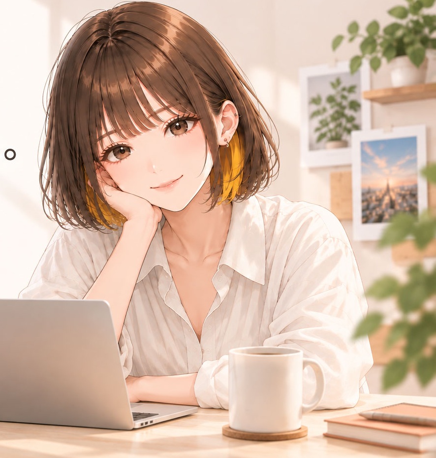 柔らかな陽光が差す部屋で、ノートパソコンに向かうデザイナーのイラスト